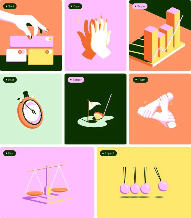 Pastel concept icon grid — Sort, Deal, Scale, Fast, Target, Team, Fair, Impact