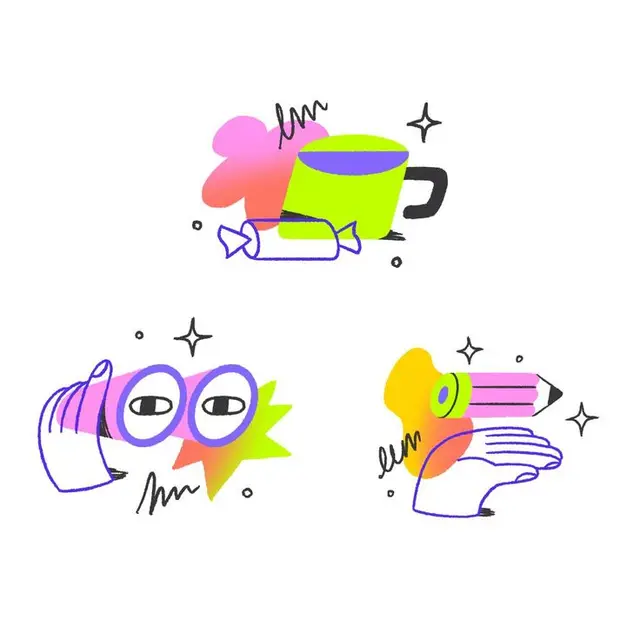 Neon sticker-style icons — mug & candy, binoculars with eyes, hand holding pencil