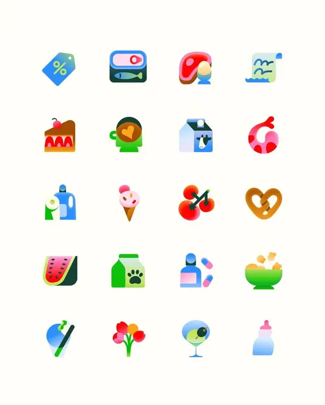 25 colorful gradient food, drink and household icons (grid)