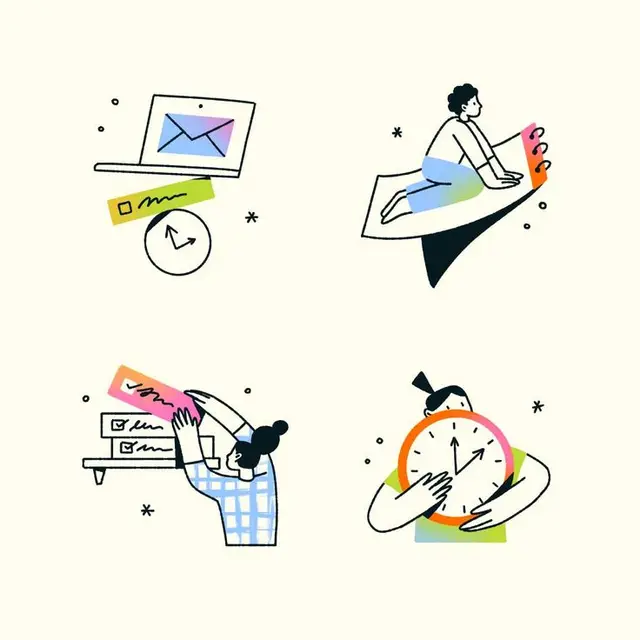 Minimal vector set: email, planner, checklist, clock — productivity icons