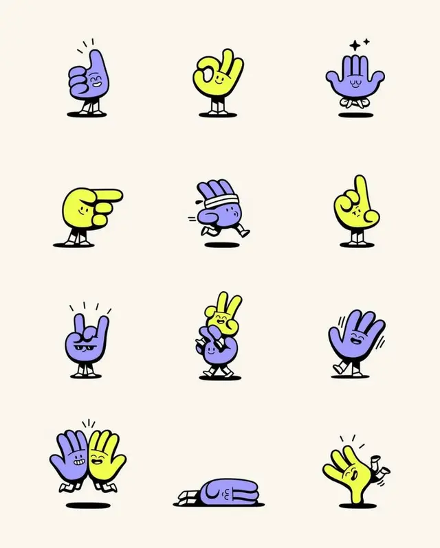 Playful hand-character sticker sheet — 12 gesture icons in purple & yellow