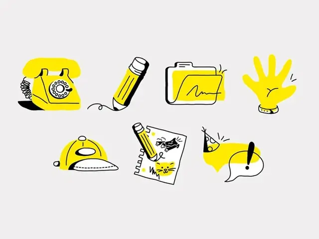Yellow hand-drawn icon set — telephone, pencil, folder, hand, cap, notepad, speech bubble