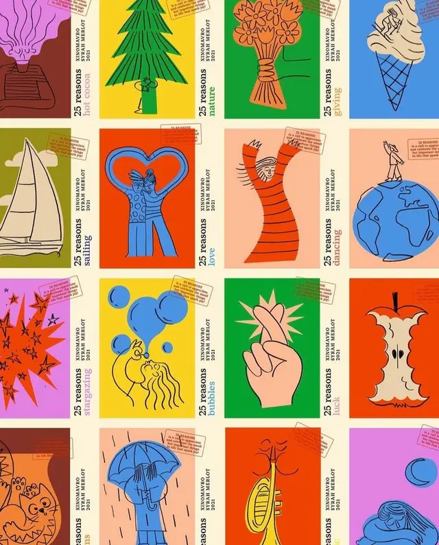 Grid of colorful illustrated cards — '25 reasons' XINOMAVRO Syrah Merlot 2021