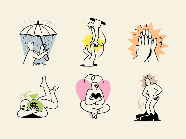 Set of 6 Minimalist Emotion Illustrations — Umbrella, Rescue, Applause, Money, Self‑Love,