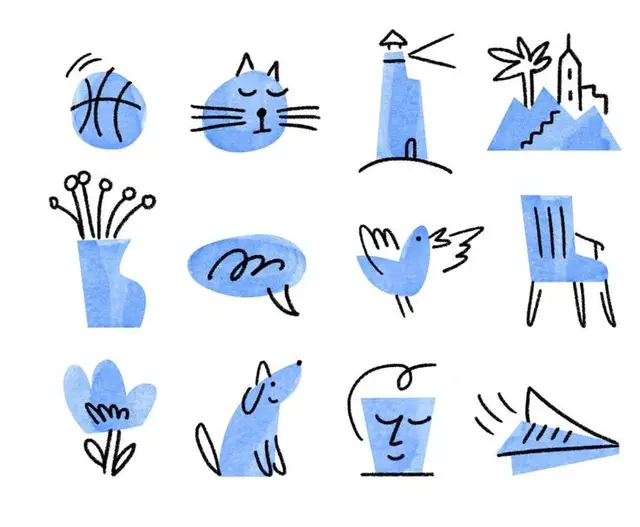 Blue watercolor doodle icon set — 12 playful hand-drawn illustrations