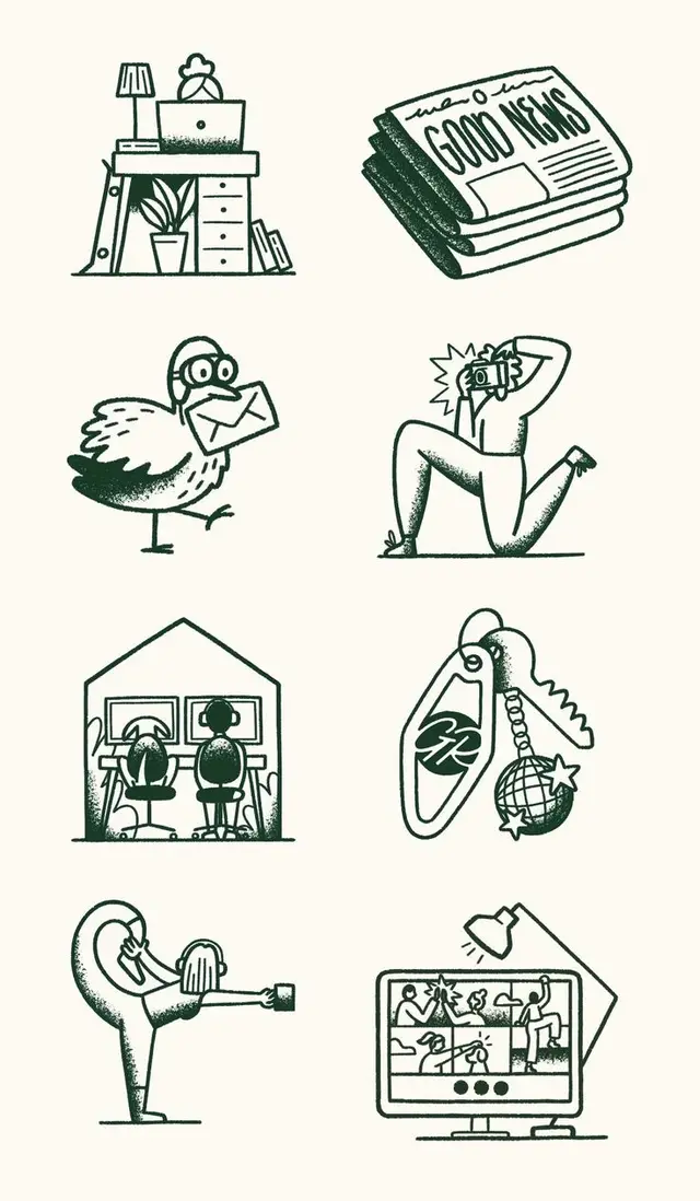Hand-drawn green icon set — home office, mailbird, photography, video call