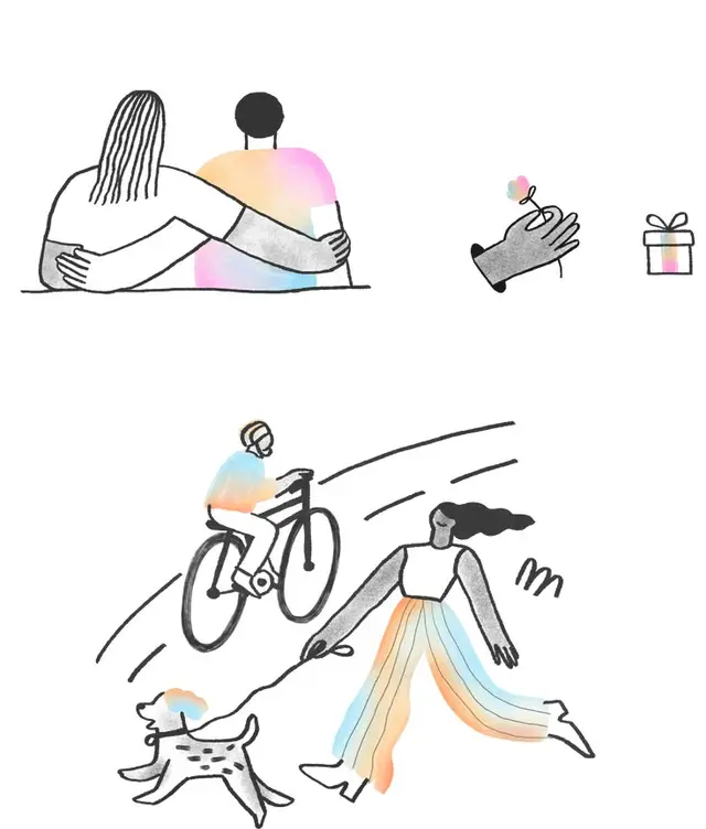 Minimal line illustrations with pastel watercolor accents — people, dog, bike, small gifts