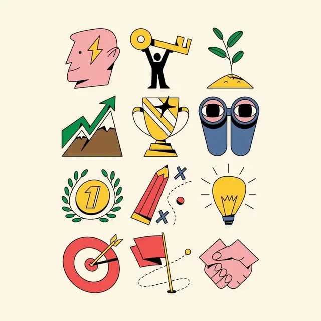 Set of 12 pastel vector icons — goals, growth, achievement