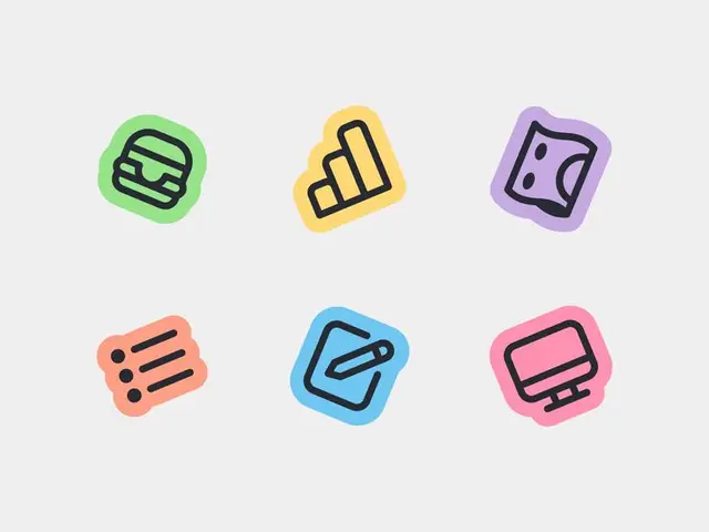 Pastel sticker-style UI icon set — burger, analytics, money, list, edit, monitor