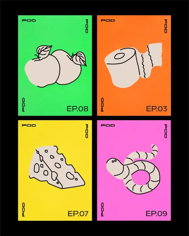 POD episode poster set — neon 2x2 grid with apple, toilet paper, cheese, coiled worm