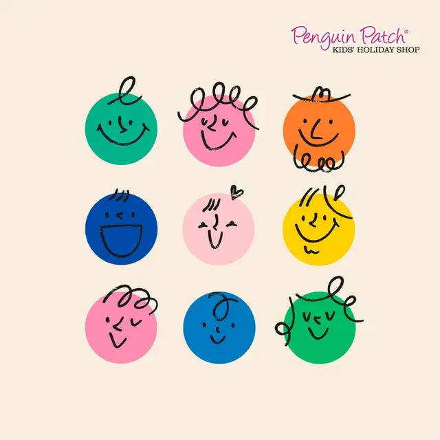 Penguin Patch — nine colorful doodle faces, kids' holiday branding