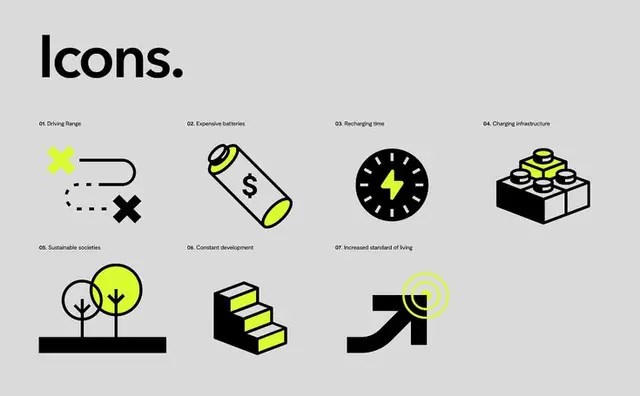 Electric mobility icon set — flat icons with neon-yellow accents
