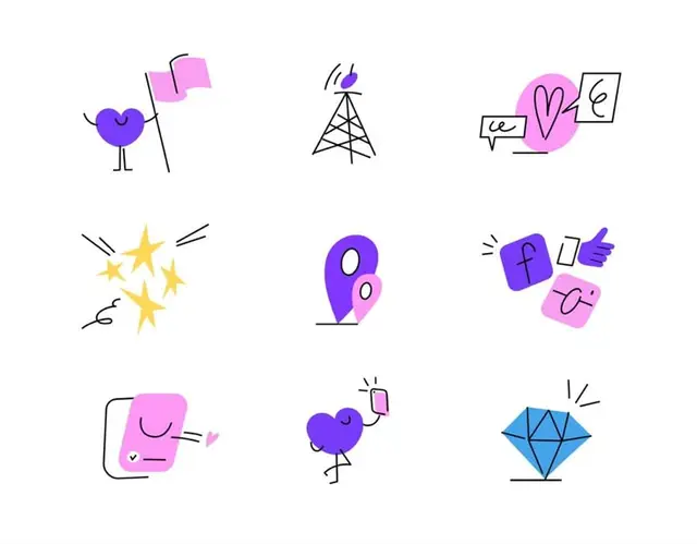 Playful pastel doodle icon set — hearts, pin, gem, social tiles (3x3)