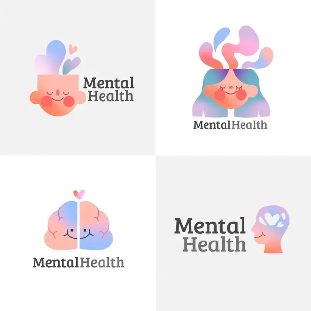 Pastel gradient mental health logo set — cup, head, brain, profile