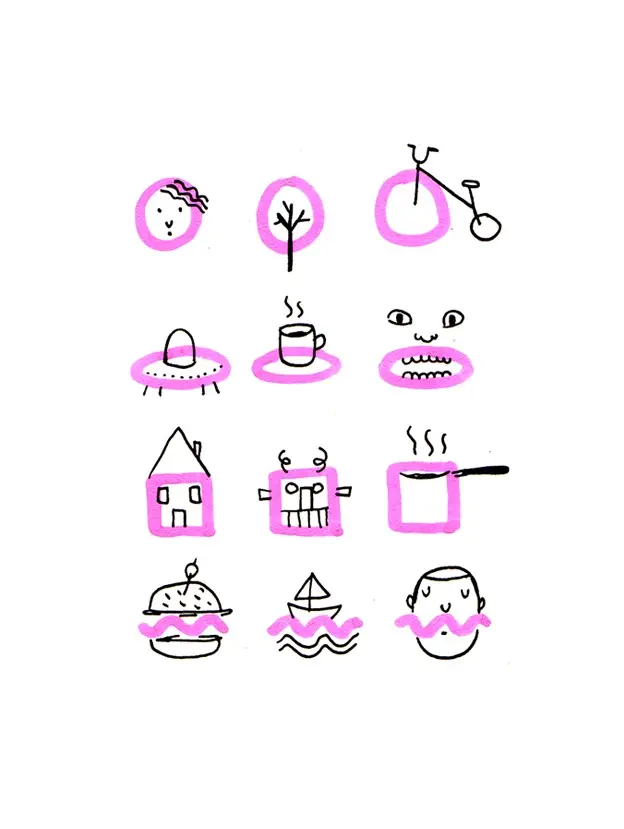 Hand-drawn icon grid with pink marker highlights