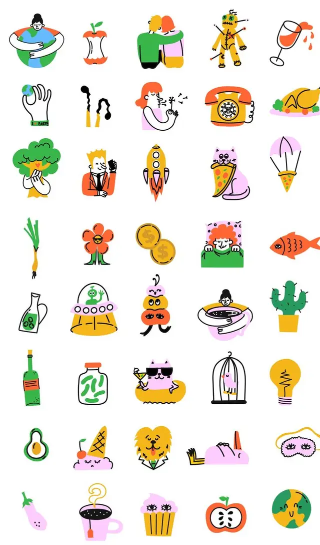 Whimsical doodle sticker set — colorful food, animals and objects