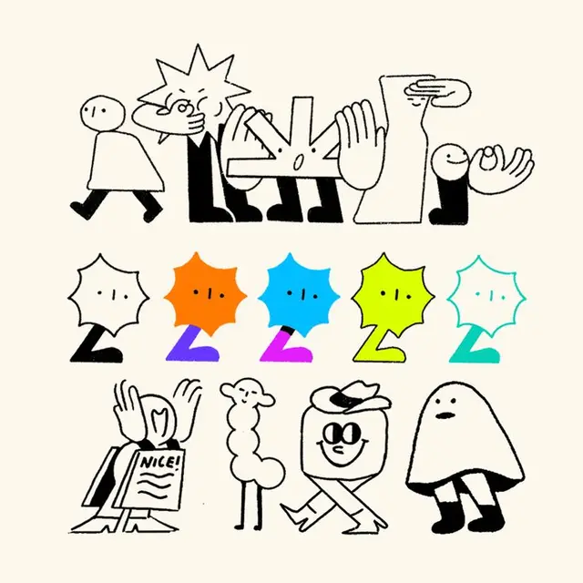 Playful doodle sticker sheet — black-line characters with colorful starburst faces