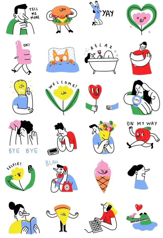 Playful sticker sheet of hand-drawn characters and food motifs