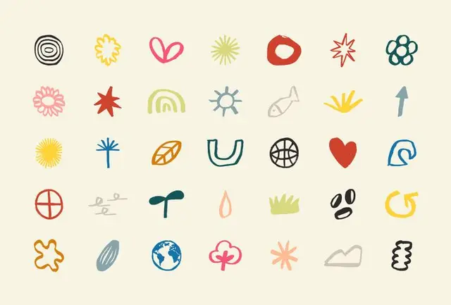 Playful hand-drawn doodle icon sheet on cream background