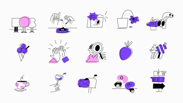Minimal Purple & Pink Doodle Icon Set — 15 Everyday Objects