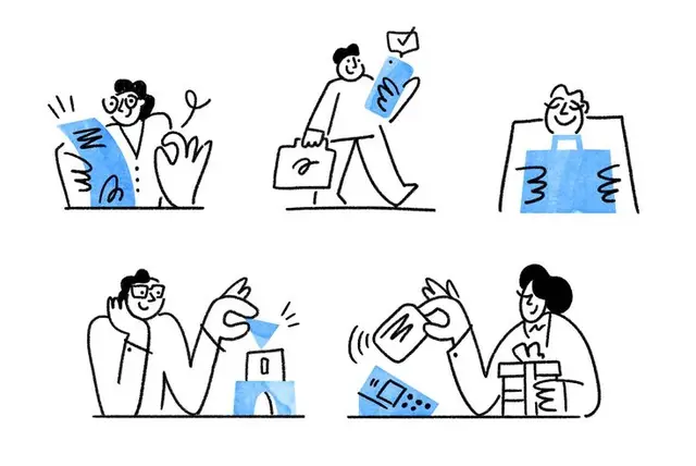 Hand-drawn six-panel illustrations: mobile shopping, payments and gifting (blue accents)