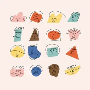 16 Minimalist Hand-Drawn Faces — Pastel Line Art Grid