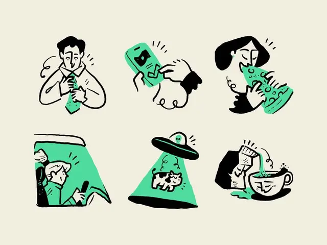 Mint-green hand-drawn icons: daily rituals and a surreal cow abduction
