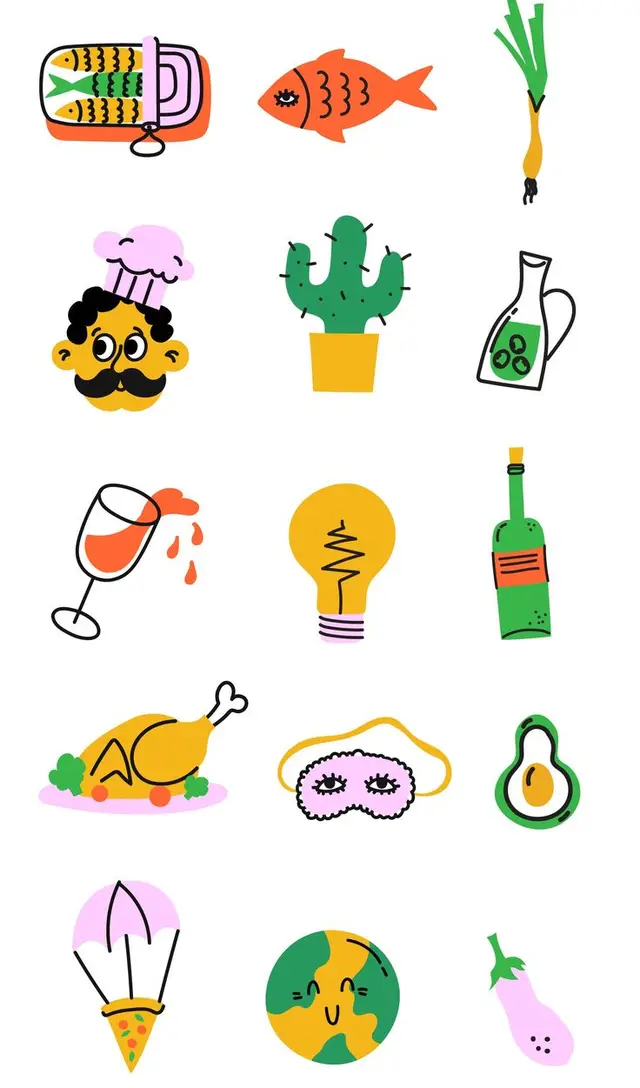 Playful hand-drawn sticker icons: food, drink, plants, and objects
