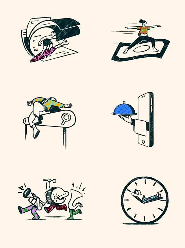 Hand-drawn editorial icon set — yoga mat, magnifier, smartphone cloche, musicians, clock