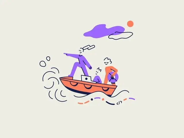 Flat vector: three people in orange boat with laptop