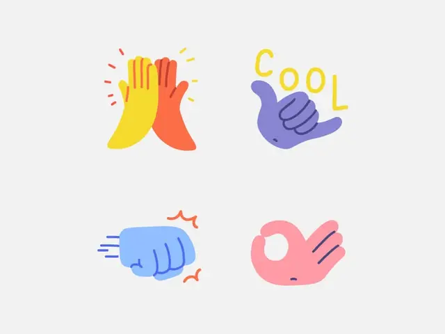 Playful pastel hand-gesture icon set — high-five, shaka, fist, OK