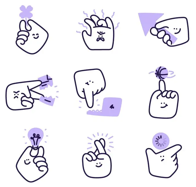 Playful rounded-hand gesture icon set — 3x3 lilac illustrations