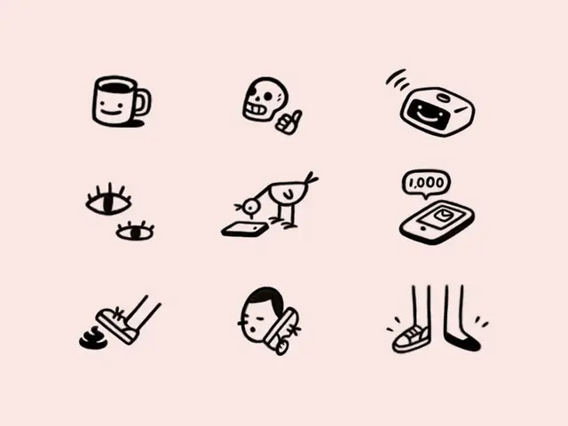 Hand-drawn doodle icon grid on pale pink background