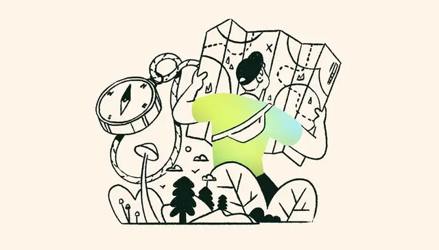 Line-art illustration of person consulting a folded map with compass and landscape