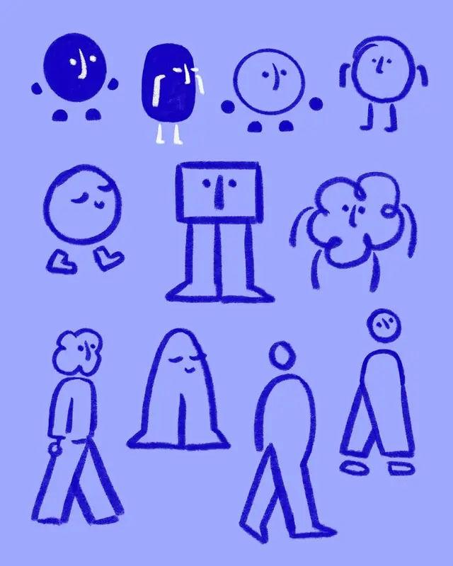 Monochrome blue character doodle sheet — simplified faces and walking poses