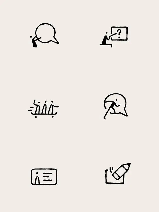 Hand-drawn black-ink UI icon set on cream background — chat, presentation, team, profile,
