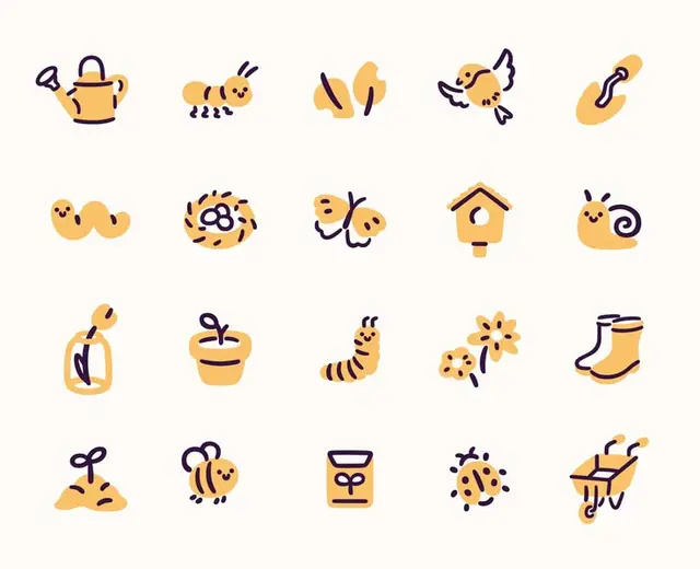 Hand-drawn Garden Icon Set — Mustard Yellow & Purple