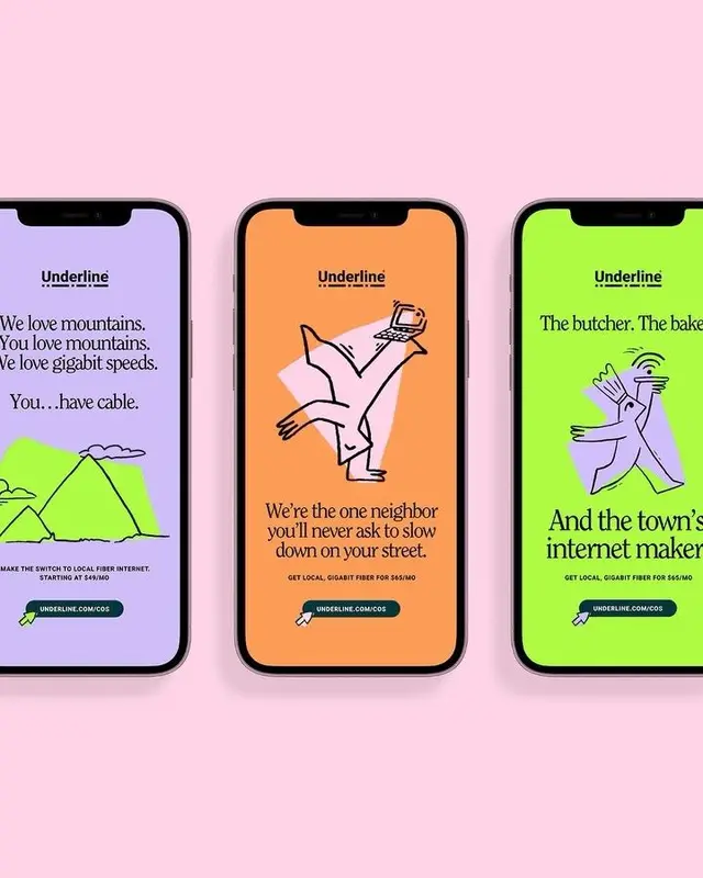 Underline mobile ad series — three colorful smartphone posters for local fiber internet