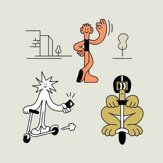 Three Playful Scooter Characters — Flat Vector Illustration