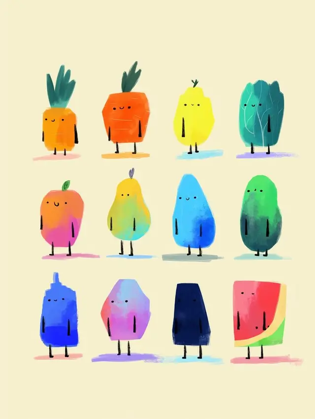 Twelve whimsical watercolor fruit & vegetable characters on cream background