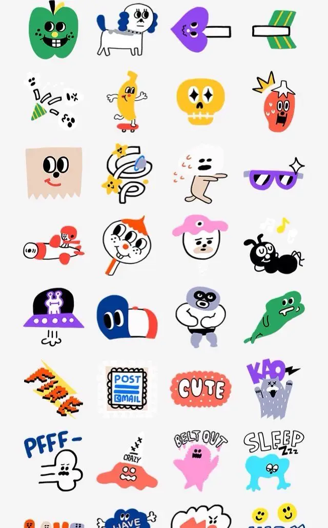 Playful doodle sticker sheet — colorful cartoon characters and text badges