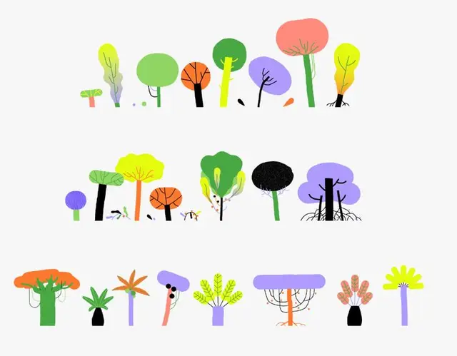 Set of Minimal Colorful Tree Illustrations (vector icon set)