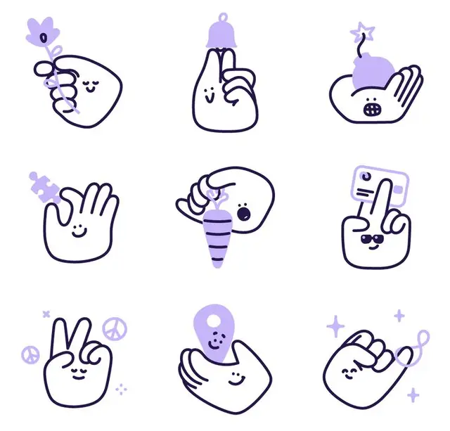 Playful lavender hand-gesture icon set (3x3)