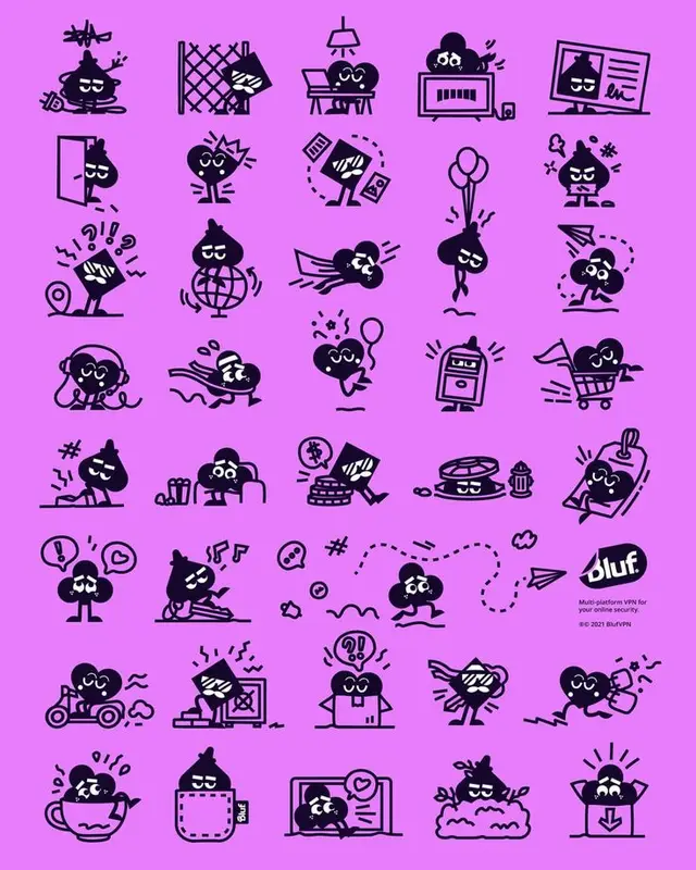 Purple sticker sheet of black cartoon blob mascot icons (bluf.)