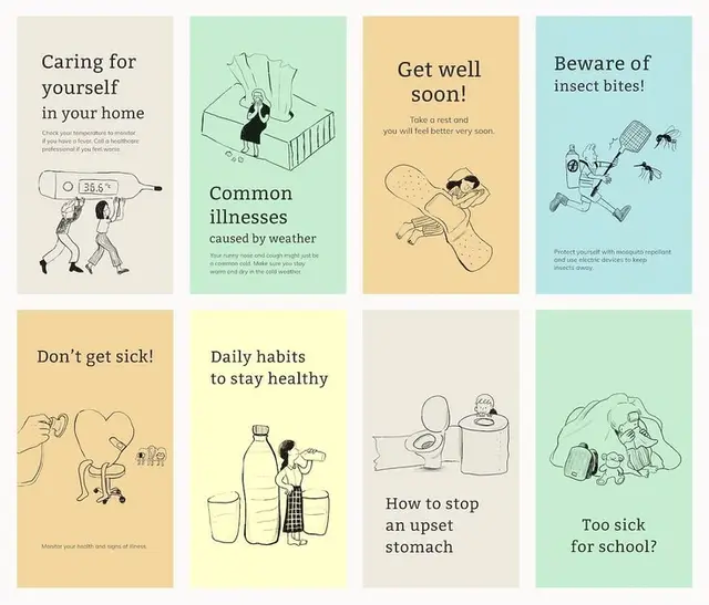 Set of 8 pastel health-advice cards — home care, illness prevention and recovery