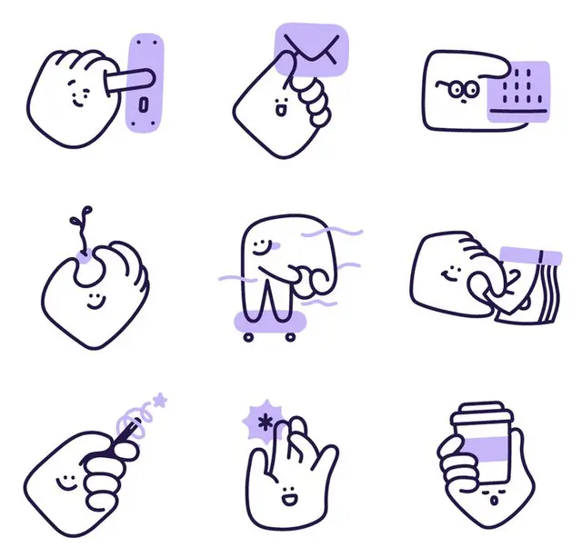 Lavender rounded-mascot icon set — 3x3 sticker grid