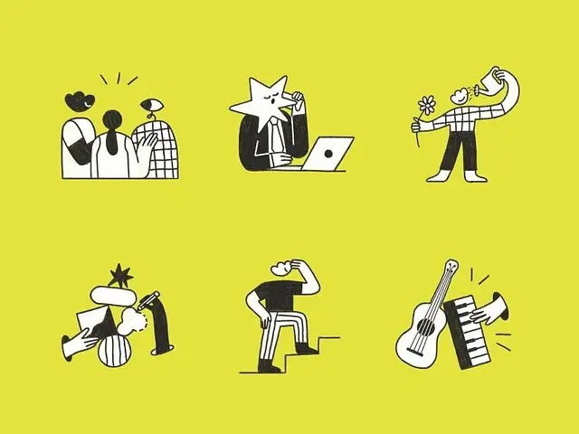 Six playful black-and-white character icons on chartreuse background