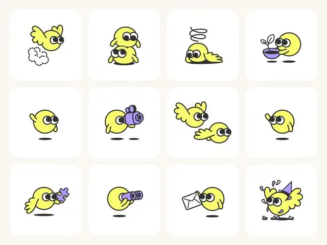 Sticker-style icon set: small yellow bird characters in rounded square cards