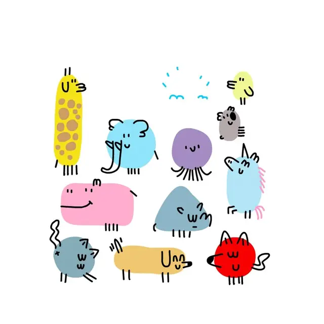 Playful pastel doodle animal characters — sticker-style digital illustration