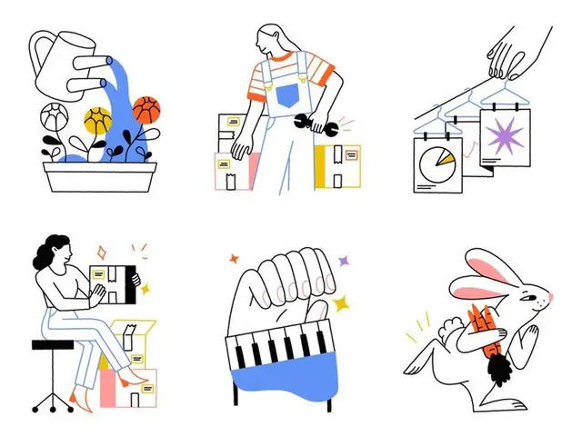 Six-panel minimal line illustrations — gardening, packing, prints, music, rabbit